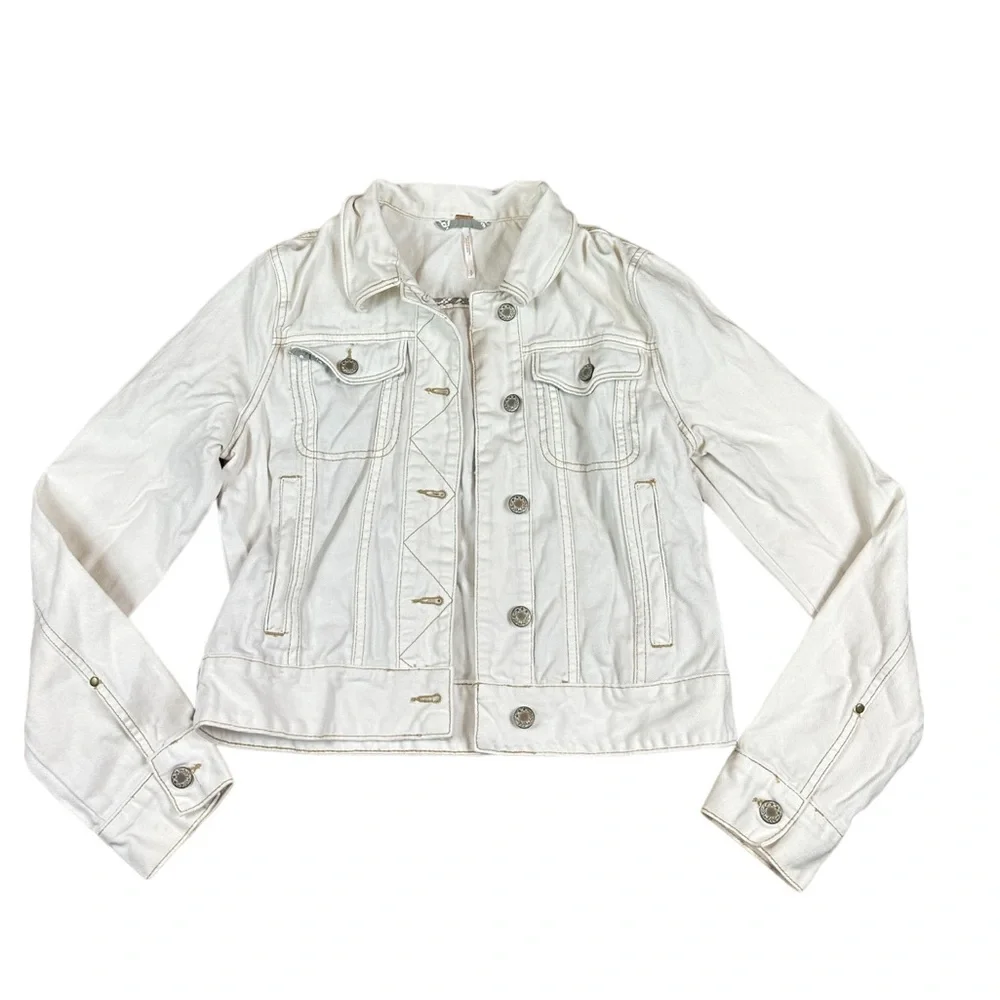FREE PEOPLE: Fitted Cream Denim Jean Jacket - Size Small - Picture 4 of 11
